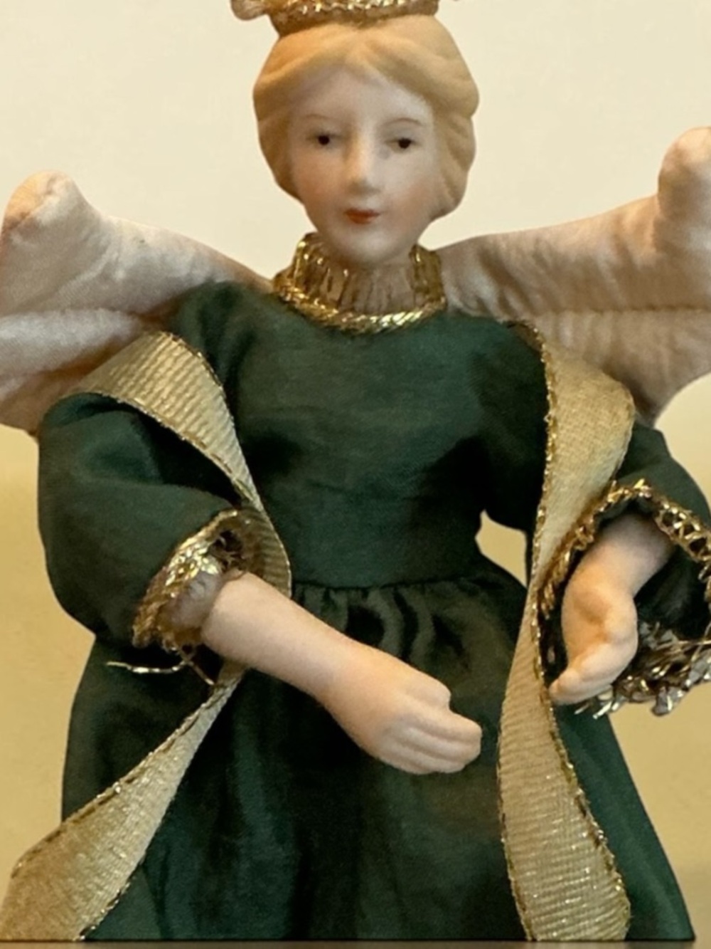 Vintage Porcelain & Fabric Angel Christmas Ornament Holiday Décor 6”
